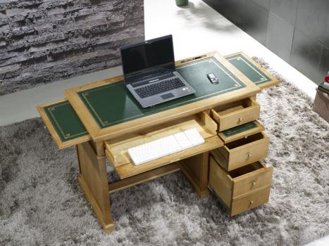 Petit bureau Luc réalisé en chêne de style Louis Philippe Surface d'écriture en moleskine verte