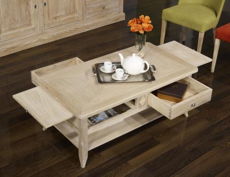 Table Basse Clément réalisée en Chêne de style Louis Philippe PLATEAU MARQUETE Finition Brossé Blanchi
