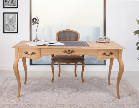 Bureau Ministre réalisé en Chêne de Style Louis XV Finition Chêne brossé Naturel Patiné, moleskine noir au milieu'