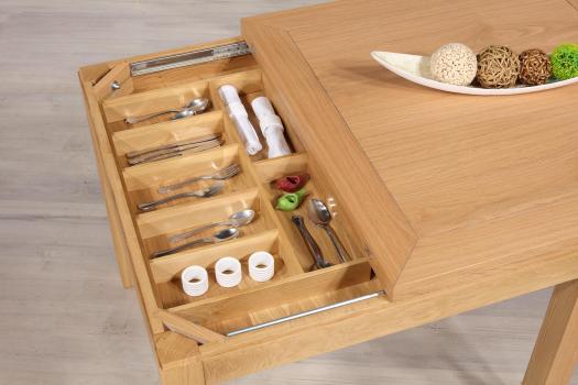 Table de repas 90x90 réalisée en Chêne massif de style Contemporain, plateau ouvert 180x90