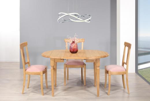 Table ronde à volets diamètre 90 en chêne massif de style Louis XVI avec 2 allonges de 40 cm 