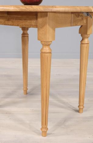 Table ronde à volets diamètre 90 en chêne massif de style Louis XVI avec 2 allonges de 40 cm 