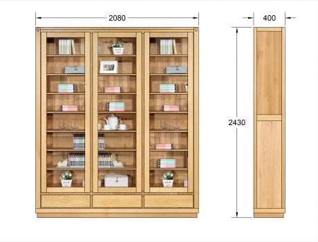 Bibliothèque 3 portes 3 tiroirs Mathis réalisée en Chêne Ligne Contemporaine 7 étagères par porte
