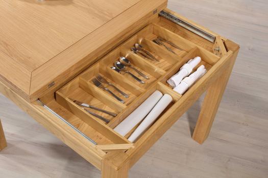 Table de repas 90x90 réalisée en Chêne massif de style Contemporain, plateau ouvert 180x90