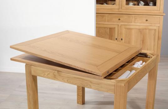 Table de repas 90x90 réalisée en Chêne massif de style Contemporain, plateau ouvert 180x90
