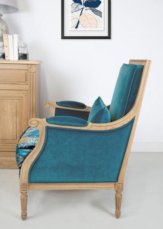 Fauteuil de style Louis XVI réalisé en Chêne massif  Tissu FSM SEULEMENT 1 DISPONIBLE
